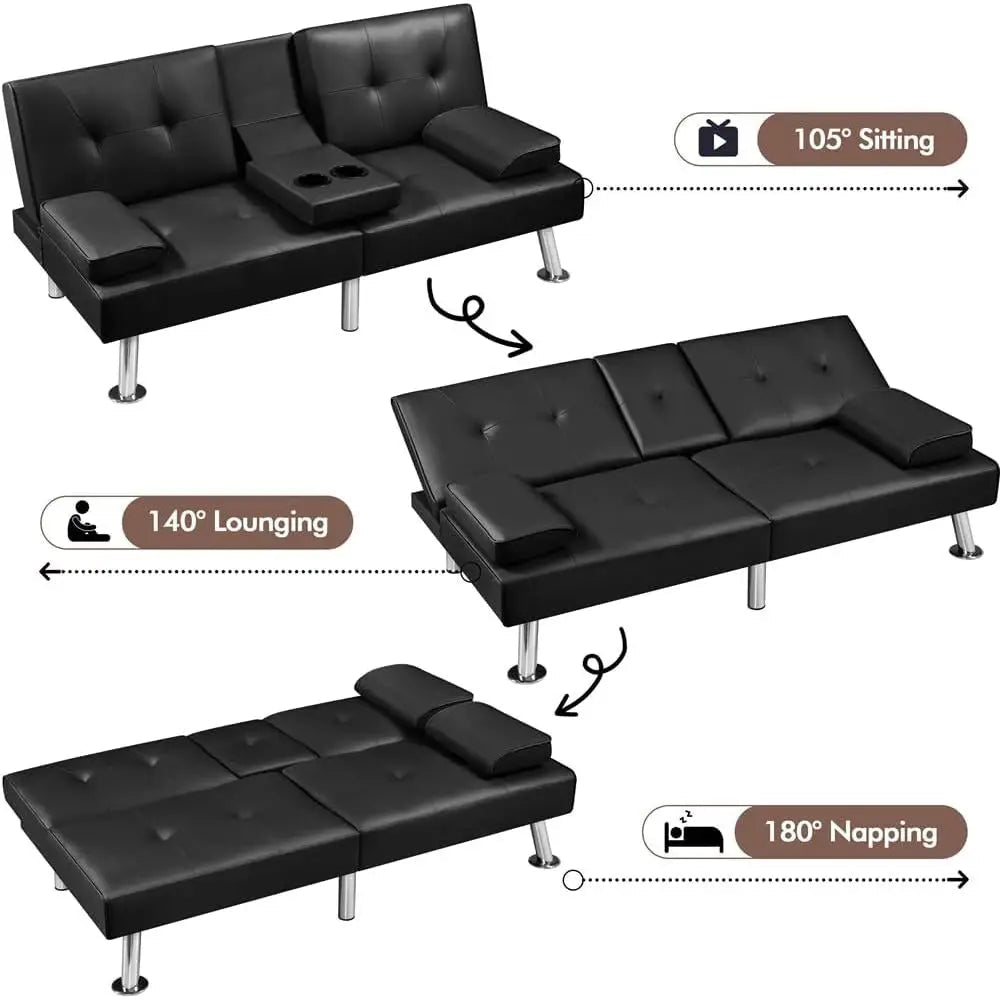 Adjustable Leather Sleeper Sofa with Reversible Loveseat, Cup Holders, 3-Position Recline, 772lb Capacity, Black - Velvet Haven