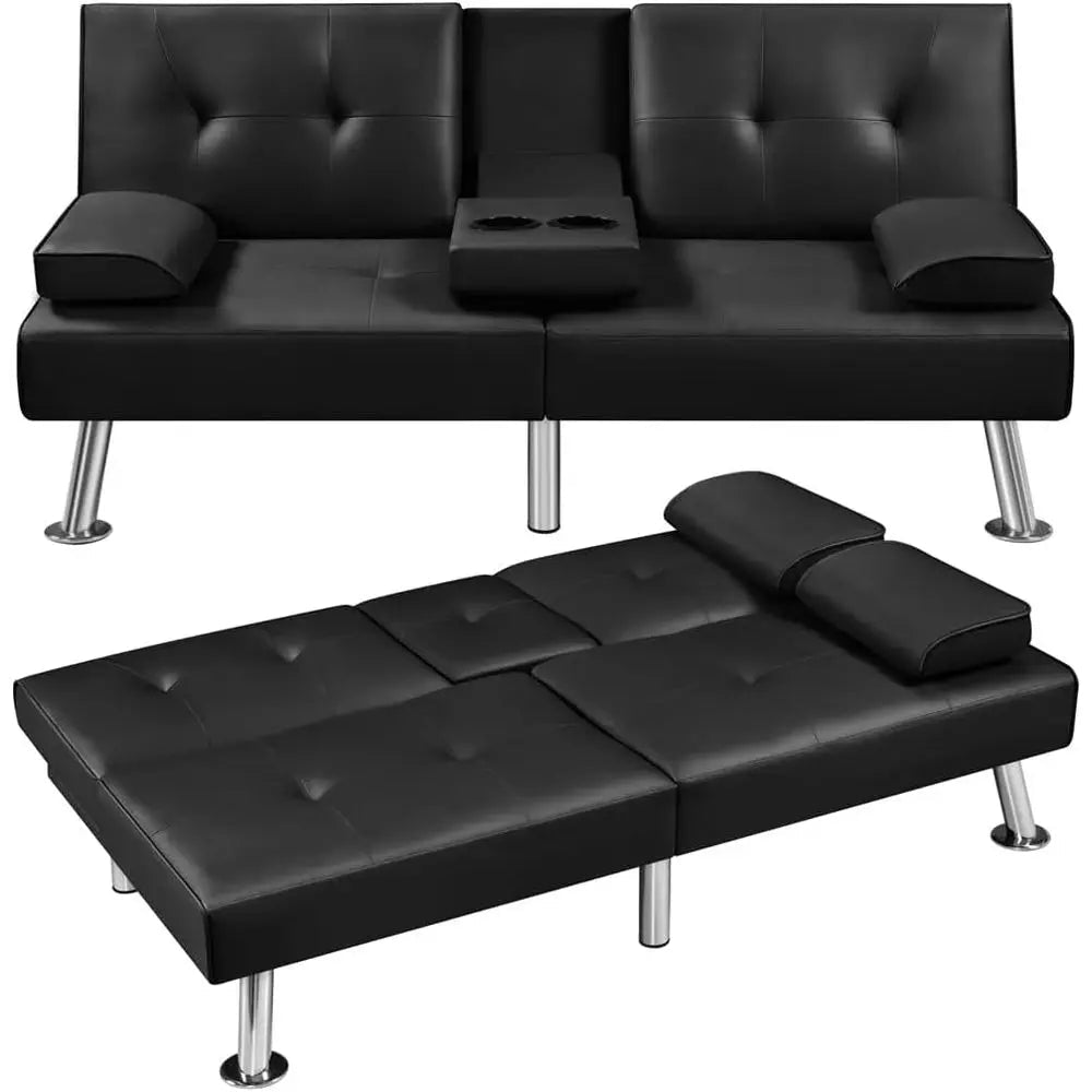 Adjustable Leather Sleeper Sofa with Reversible Loveseat, Cup Holders, 3-Position Recline, 772lb Capacity, Black - Velvet Haven