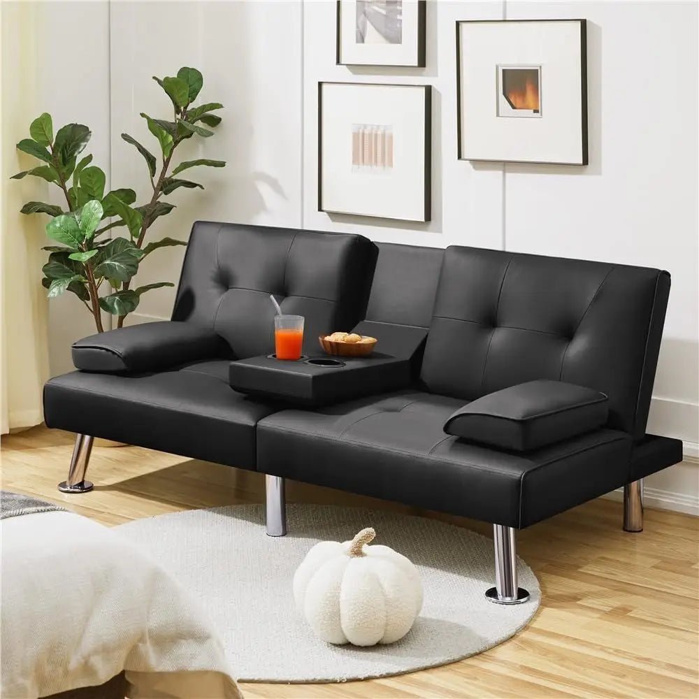 Adjustable Leather Sleeper Sofa with Reversible Loveseat, Cup Holders, 3-Position Recline, 772lb Capacity, Black - Velvet Haven