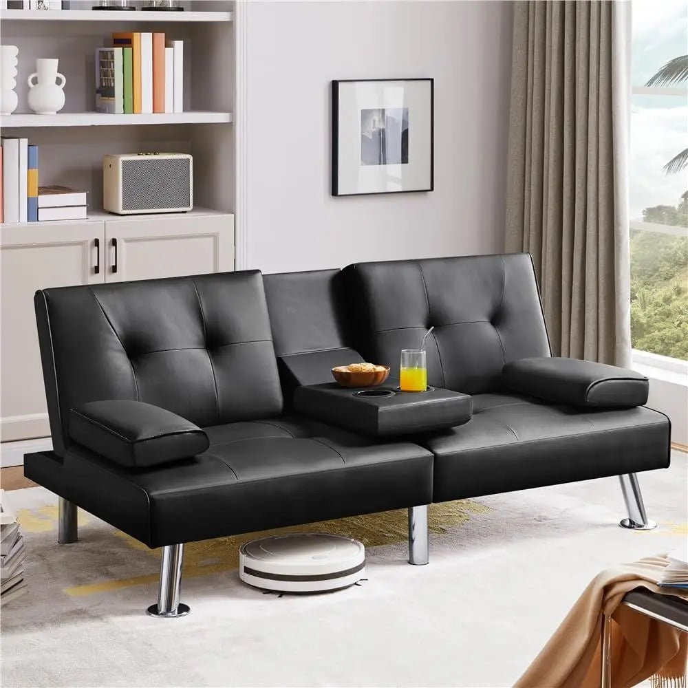 Adjustable Leather Sleeper Sofa with Reversible Loveseat, Cup Holders, 3-Position Recline, 772lb Capacity, Black - Velvet Haven