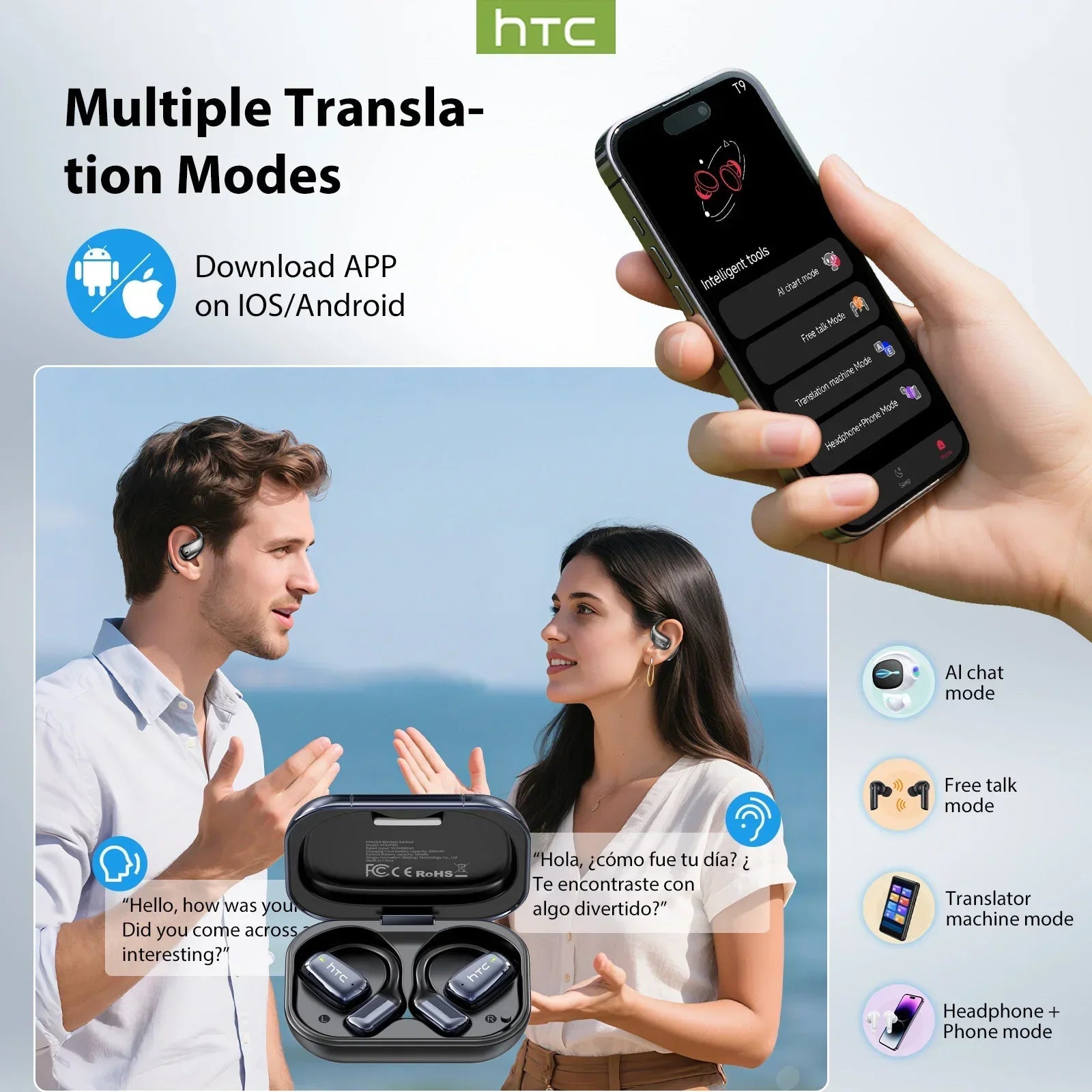 HTC NE25 AI Translator Earbuds with LCD Touchscreen & Bluetooth - Velvet Haven