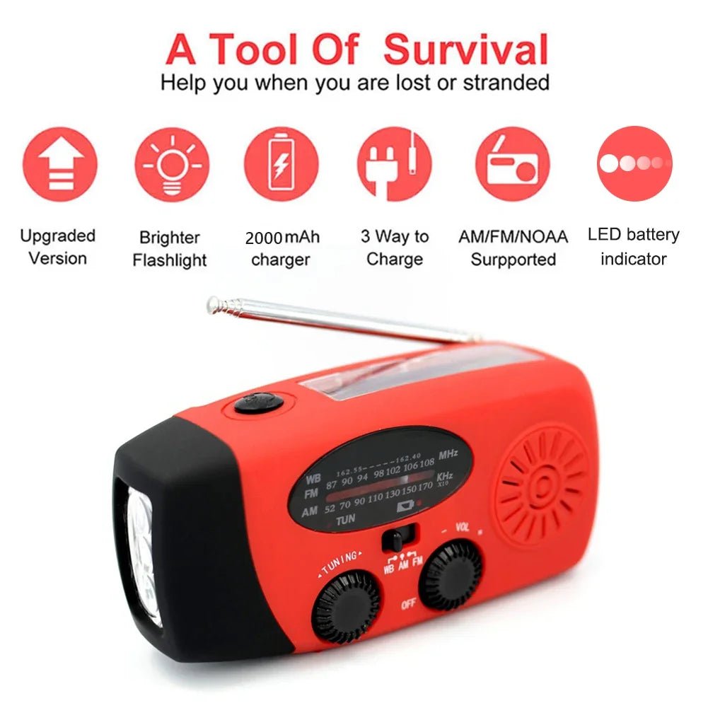 AM FM Radio Portable Multifunction Solar Hand Crank Radio Outdoor Emergency LED Flashlight 2000mAh USB Power Bank Phone Charger - Velvet Haven