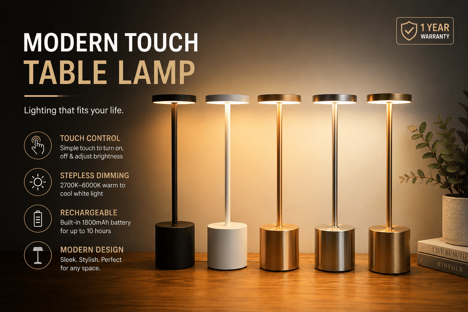 AuraGlow™ Rechargeable Touch Table Lamp - Velvet Haven