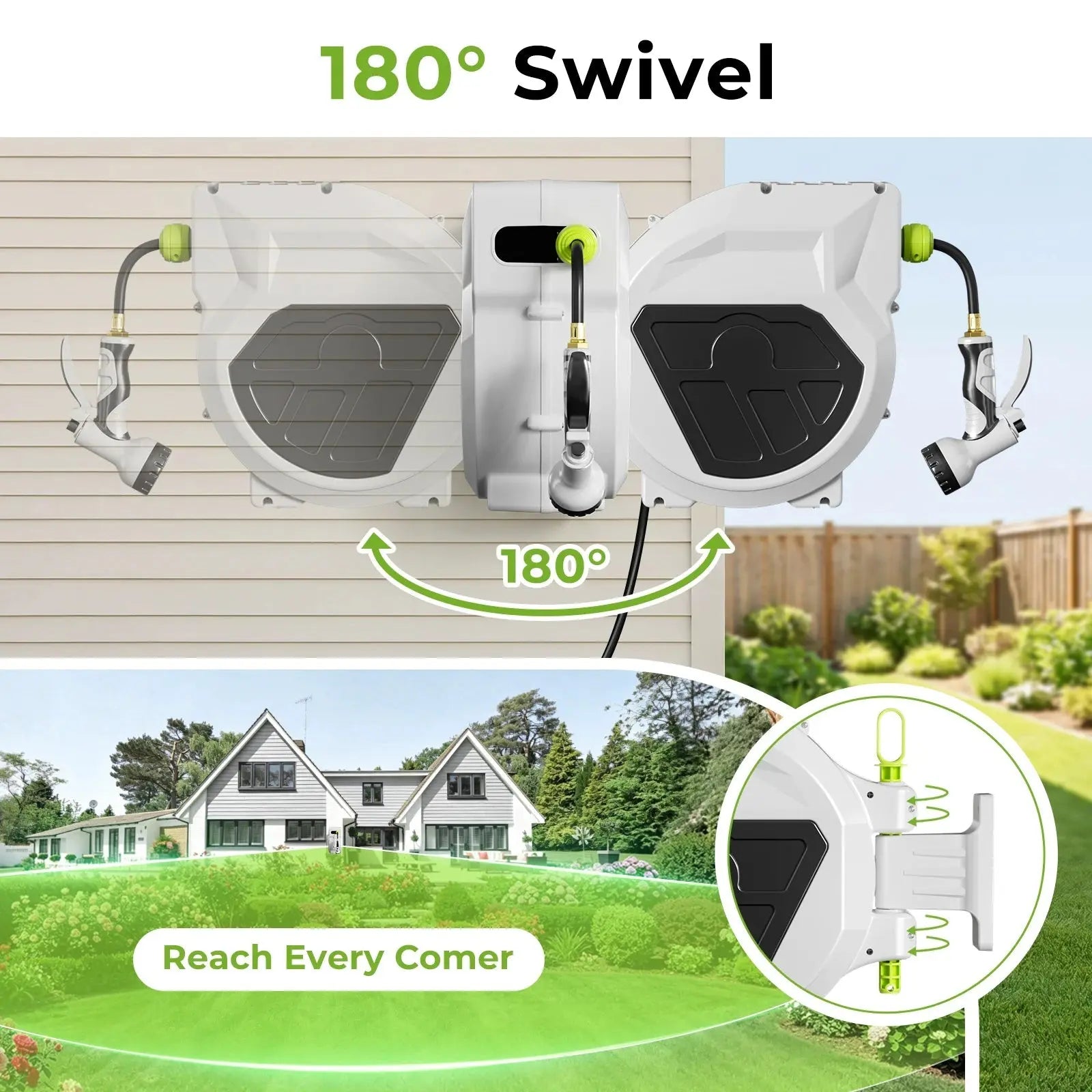 Auto Retractable Garden Hose Reel, Multiple Hose Lengths Available with 9 Spray Patterns Nozzle, 1/2 inch Diameter, 200 PSI working pressure, Heavy Duty Wall Mounted Hose Reel, Any Length Lock, Slow Return System, For Yard Ca - Velvet Haven