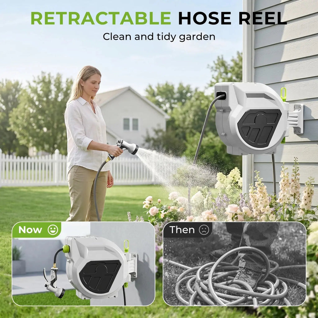 Auto Retractable Garden Hose Reel, Multiple Hose Lengths Available with 9 Spray Patterns Nozzle, 1/2 inch Diameter, 200 PSI working pressure, Heavy Duty Wall Mounted Hose Reel, Any Length Lock, Slow Return System, For Yard Ca - Velvet Haven