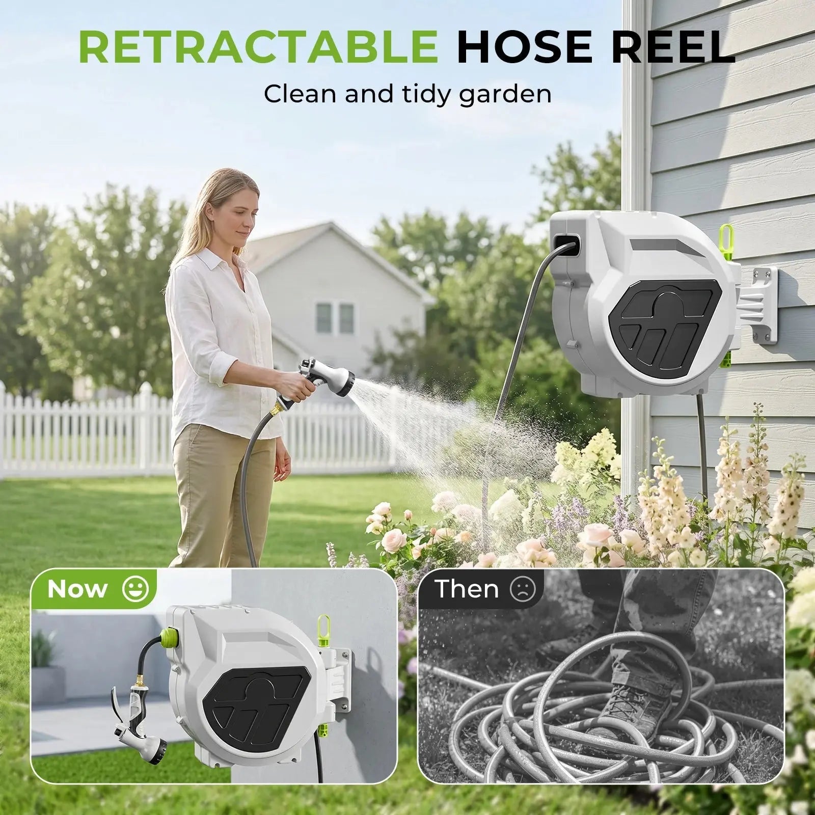 Auto Retractable Garden Hose Reel, Multiple Hose Lengths Available with 9 Spray Patterns Nozzle, 1/2 inch Diameter, 200 PSI working pressure, Heavy Duty Wall Mounted Hose Reel, Any Length Lock, Slow Return System, For Yard Ca - Velvet Haven