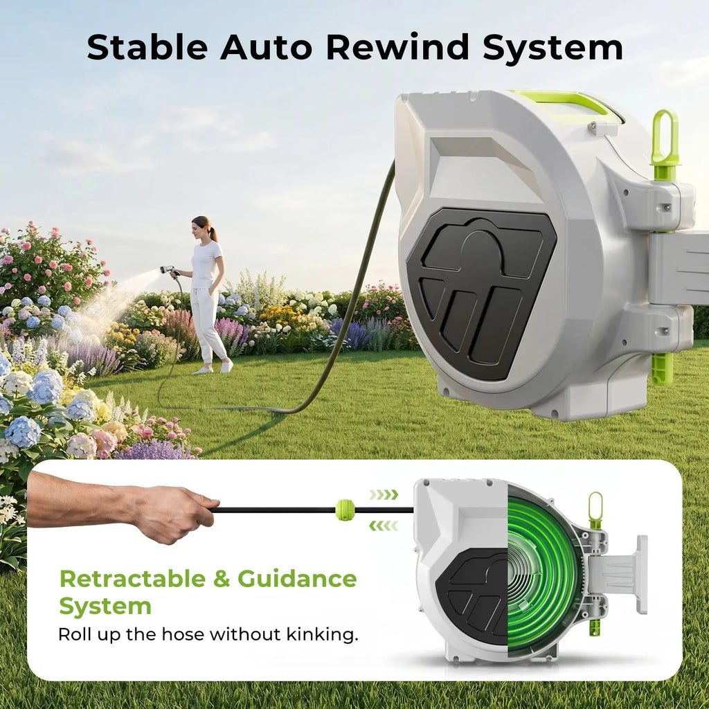 Auto Retractable Garden Hose Reel, Multiple Hose Lengths Available with 9 Spray Patterns Nozzle, 1/2 inch Diameter, 200 PSI working pressure, Heavy Duty Wall Mounted Hose Reel, Any Length Lock, Slow Return System, For Yard Ca - Velvet Haven