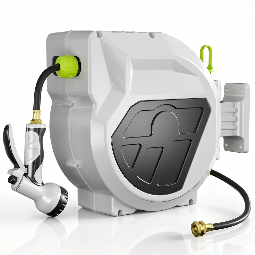 Auto Retractable Garden Hose Reel, Multiple Hose Lengths Available with 9 Spray Patterns Nozzle, 1/2 inch Diameter, 200 PSI working pressure, Heavy Duty Wall Mounted Hose Reel, Any Length Lock, Slow Return System, For Yard Ca - Velvet Haven