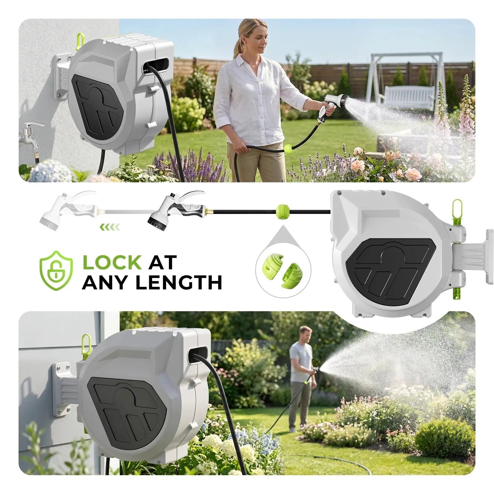 Auto Retractable Garden Hose Reel, Multiple Hose Lengths Available with 9 Spray Patterns Nozzle, 1/2 inch Diameter, 200 PSI working pressure, Heavy Duty Wall Mounted Hose Reel, Any Length Lock, Slow Return System, For Yard Ca - Velvet Haven