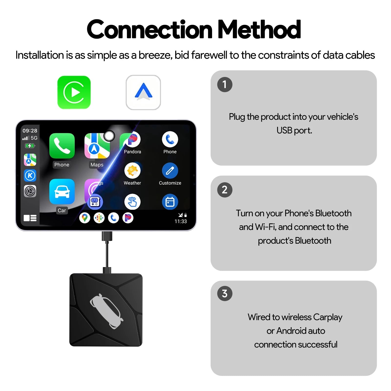 Binize Wireless CarPlay Adapter Wired To Wireless 2 in 1 Box Wireless Android Auto For Mazda Toyota Peugeot Volvo - Velvet Haven