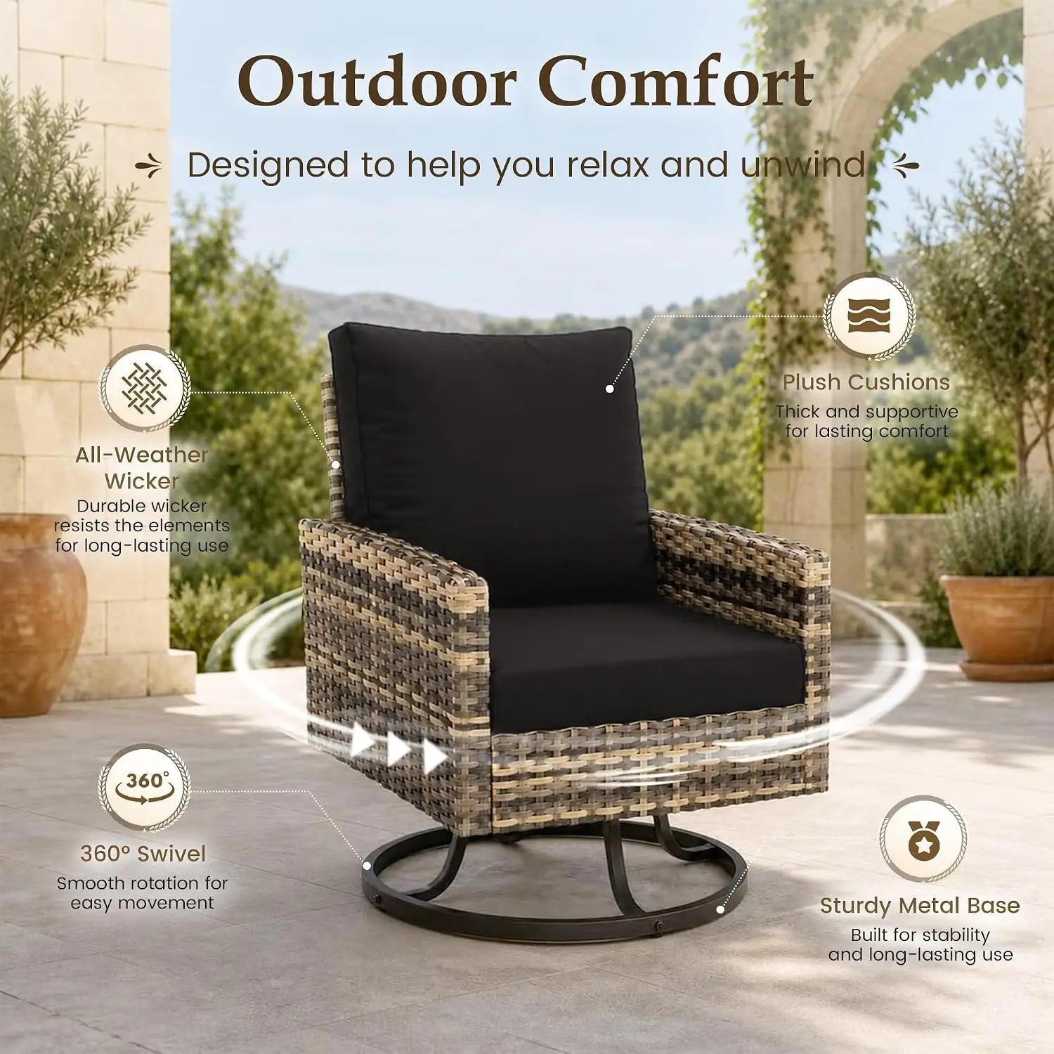 Black & Yellow Outdoor Wicker Patio Set with Swivel Chairs and Fire Pit Table - Velvet Haven