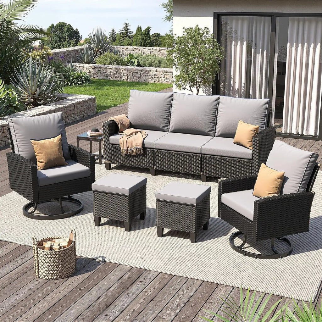 Black & Yellow Outdoor Wicker Patio Set with Swivel Chairs and Fire Pit Table - Velvet Haven