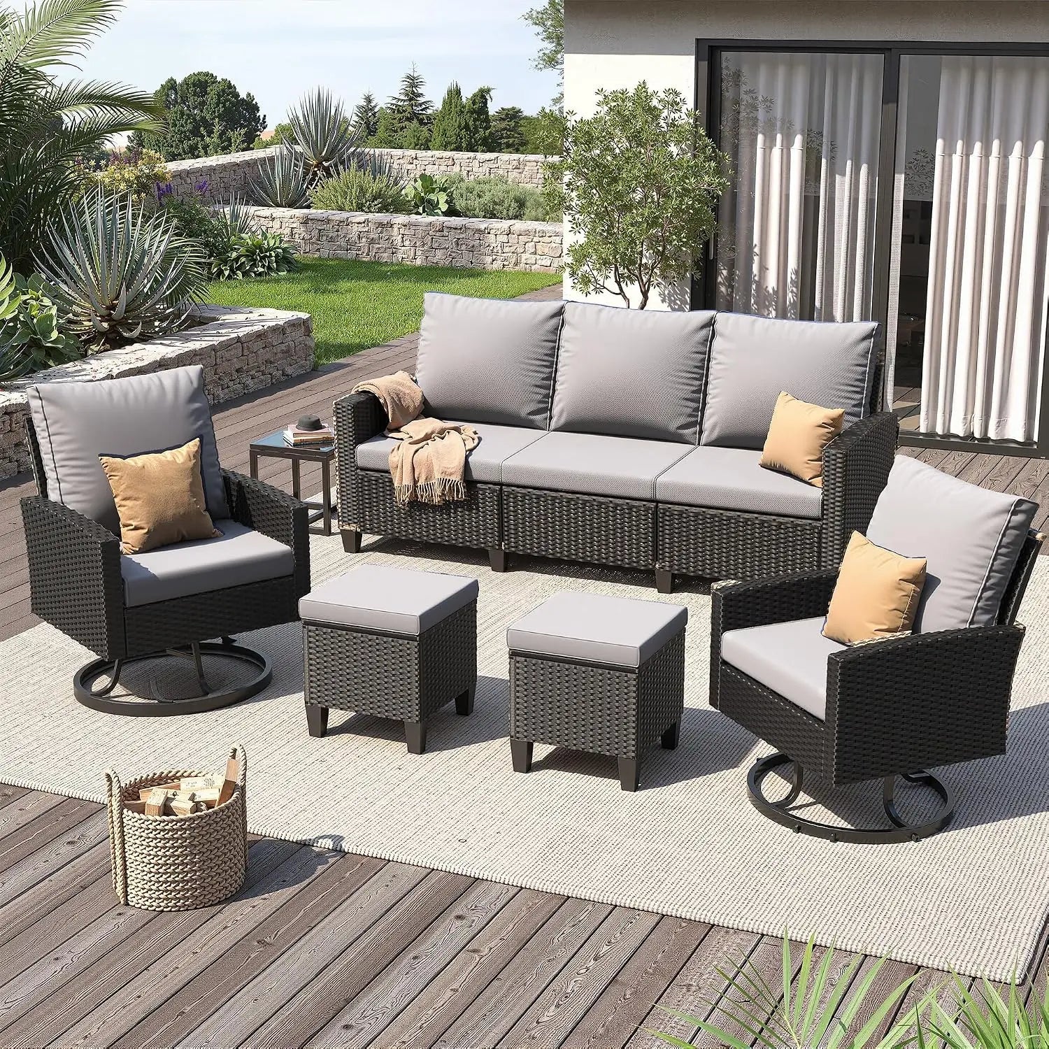 Black & Yellow Outdoor Wicker Patio Set with Swivel Chairs and Fire Pit Table - Velvet Haven
