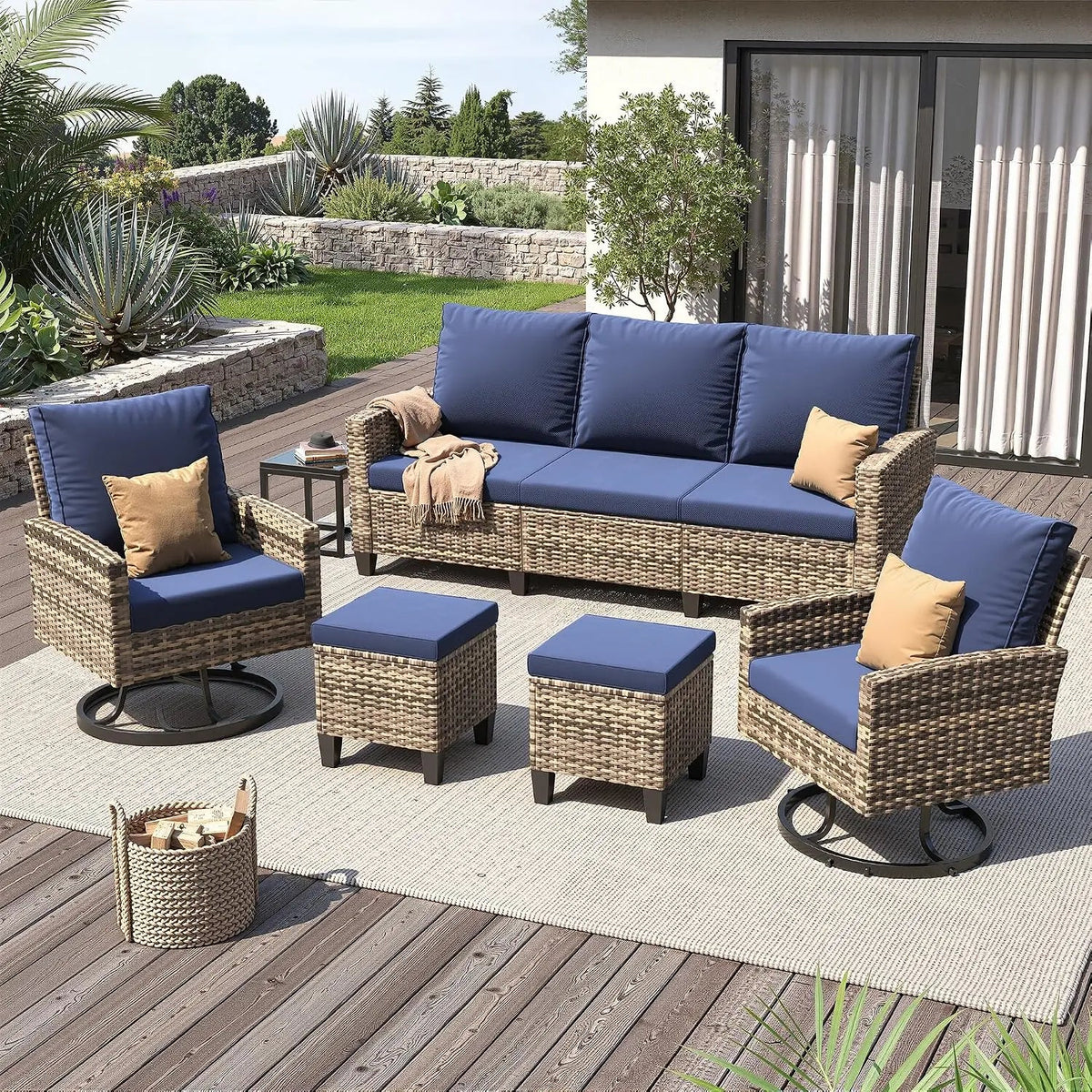Black & Yellow Outdoor Wicker Patio Set with Swivel Chairs and Fire Pit Table - Velvet Haven