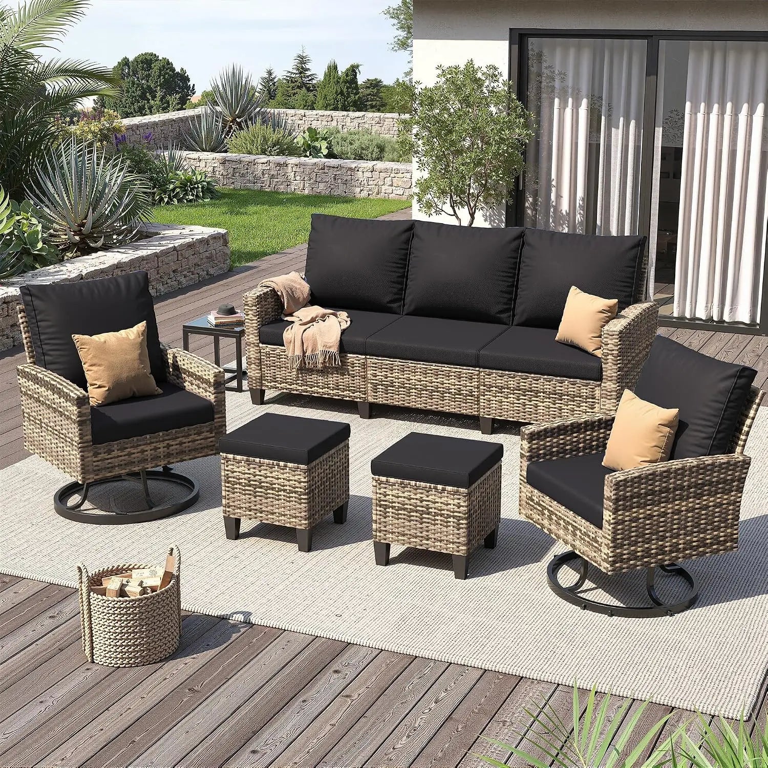 Black & Yellow Outdoor Wicker Patio Set with Swivel Chairs and Fire Pit Table - Velvet Haven