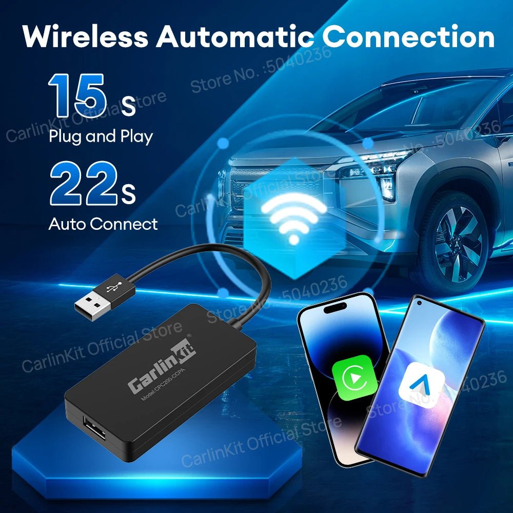 Wireless CarPlay and Android USB adapter for compatible Android car radios with MirrorLink and plug-and-play connectivity.