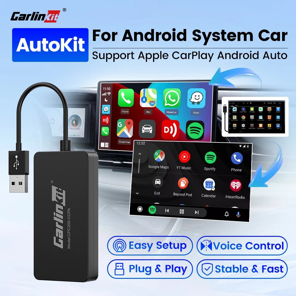 Wireless CarPlay and Android USB adapter for compatible Android car radios with MirrorLink and plug-and-play connectivity.
