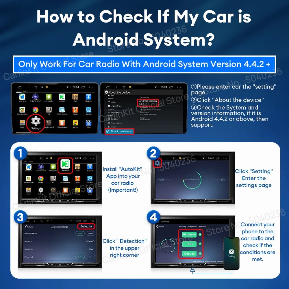 Wireless CarPlay and Android USB adapter for compatible Android car radios with MirrorLink and plug-and-play connectivity.