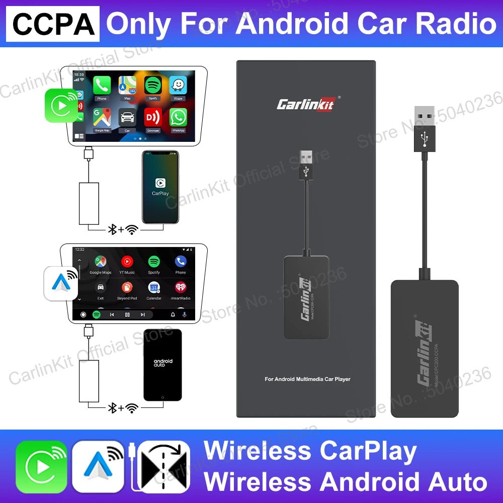 Wireless CarPlay and Android USB adapter for compatible Android car radios with MirrorLink and plug-and-play connectivity.