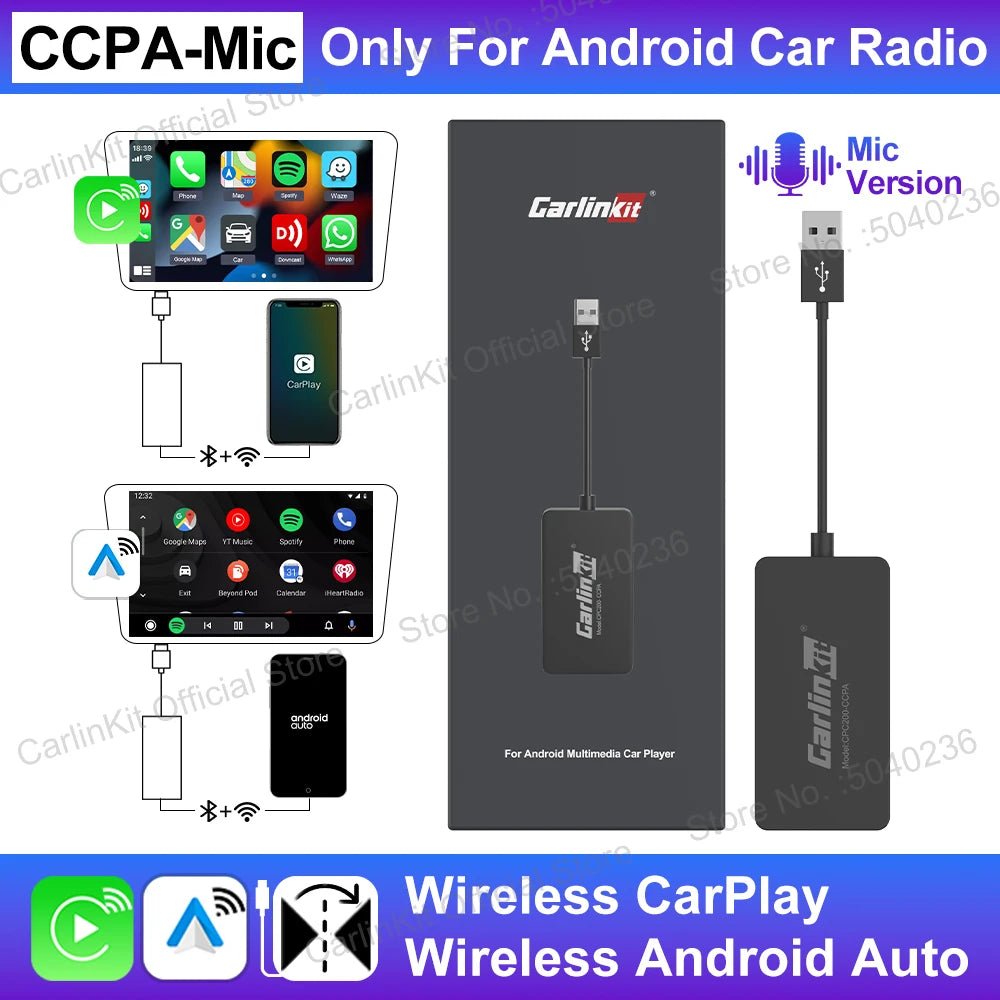 Wireless CarPlay and Android USB adapter for compatible Android car radios with MirrorLink and plug-and-play connectivity.