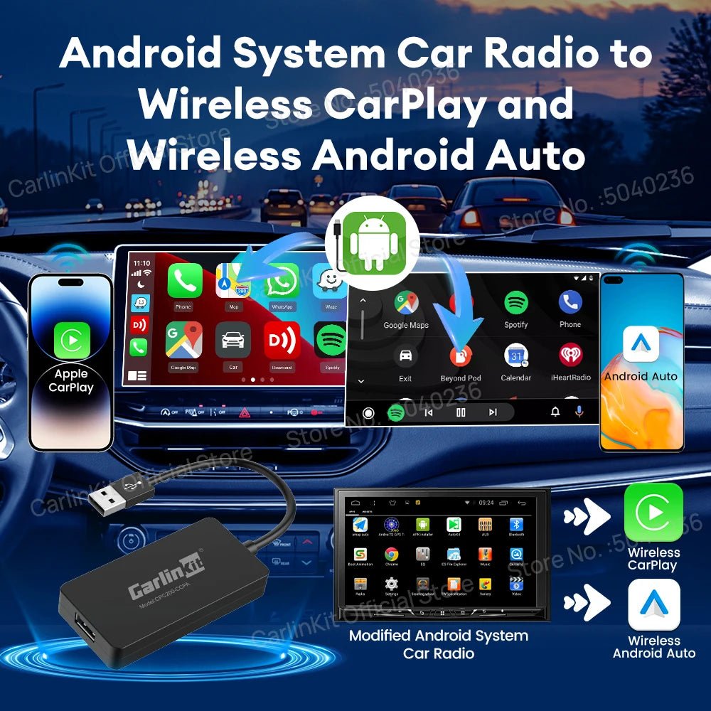 Wireless CarPlay and Android USB adapter for compatible Android car radios with MirrorLink and plug-and-play connectivity.