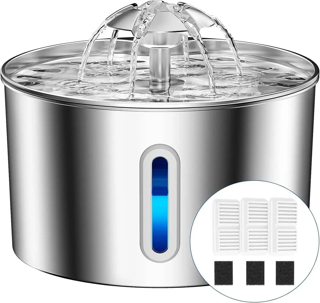 Cat Water Fountain Stainless Steel - 74oz/2.2L Automatic Large Pet Watering Bowl Dispenser for Indoor Dogs - Drinking Fountains with 3 Filter, Gifts for Cats and Kitty - Dog Waterer Bowls No Spill - Velvet Haven