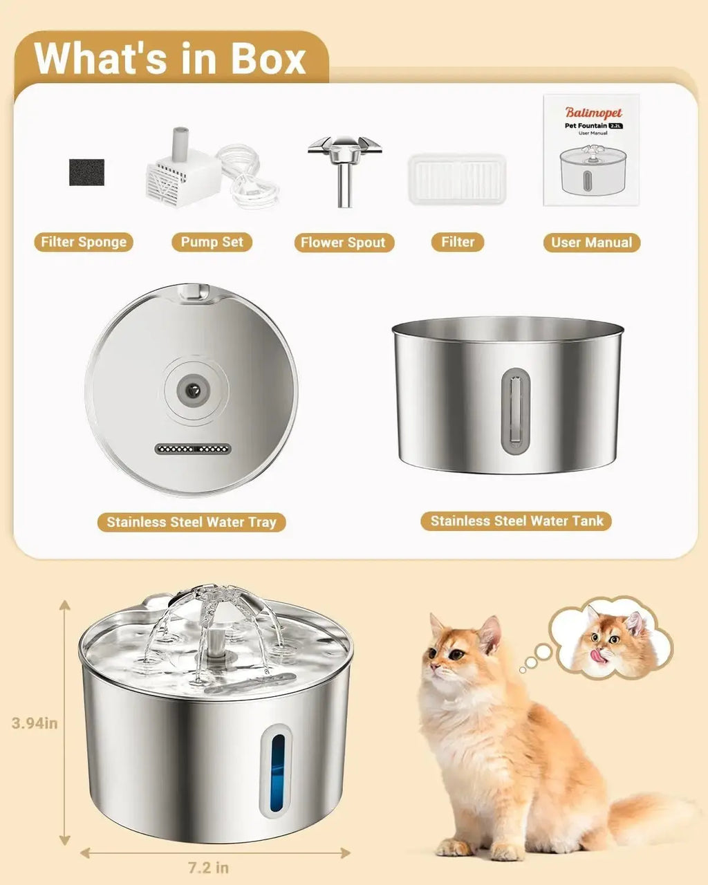 Cat Water Fountain Stainless Steel - 74oz/2.2L Automatic Large Pet Watering Bowl Dispenser for Indoor Dogs - Drinking Fountains with 3 Filter, Gifts for Cats and Kitty - Dog Waterer Bowls No Spill - Velvet Haven