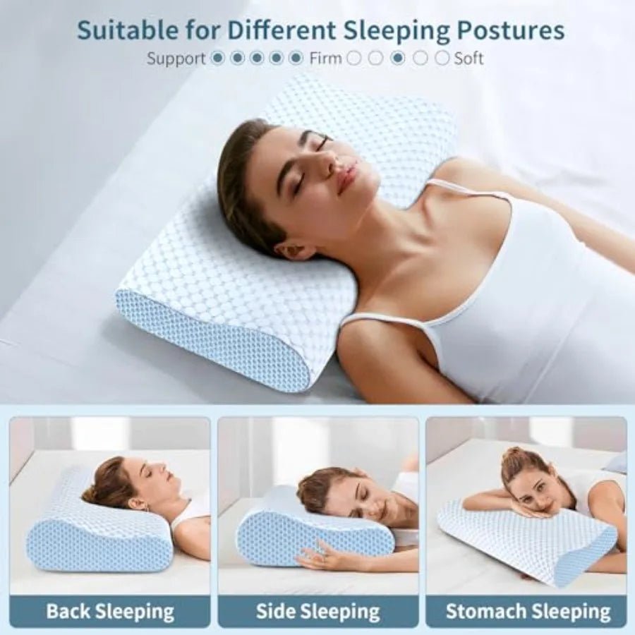 Cooling memory foam cervical contour pillow for side and back sleepers on a modern bed