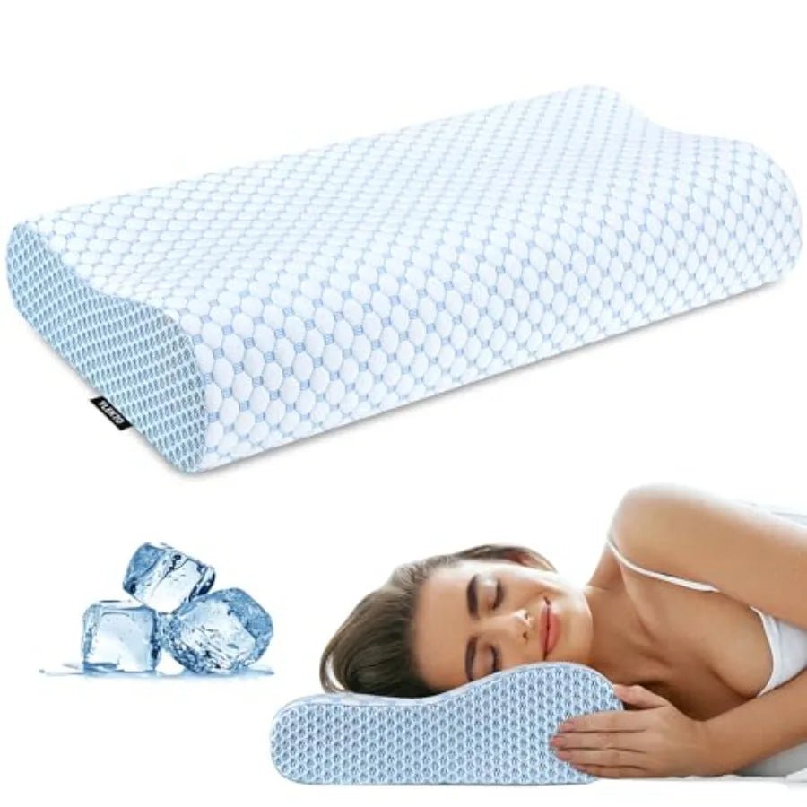 Cooling memory foam cervical contour pillow for side and back sleepers on a modern bed