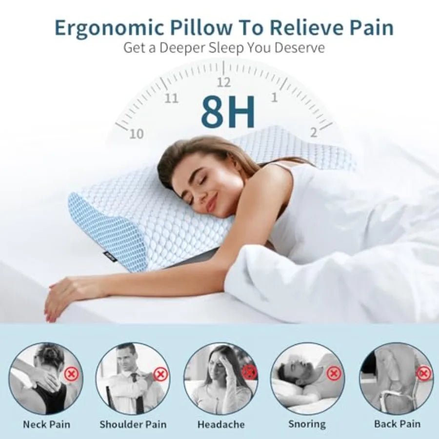 Cooling memory foam cervical contour pillow for side and back sleepers on a modern bed