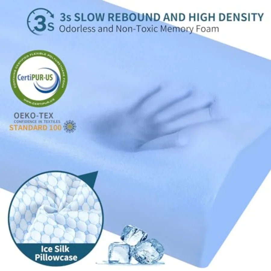 Cooling memory foam cervical contour pillow for side and back sleepers on a modern bed