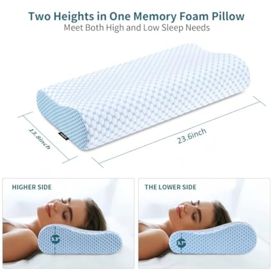 Cooling memory foam cervical contour pillow for side and back sleepers on a modern bed