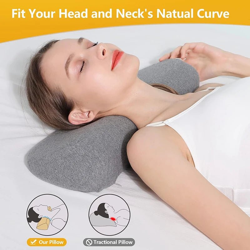 Memory foam cervical contour pillow for side and back sleepers on a neatly made bed