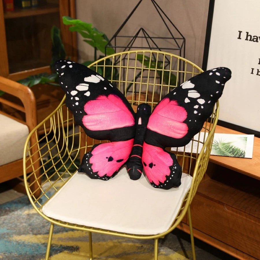 Colorful 3D butterfly throw pillow on a sofa as a decorative home accent cushion