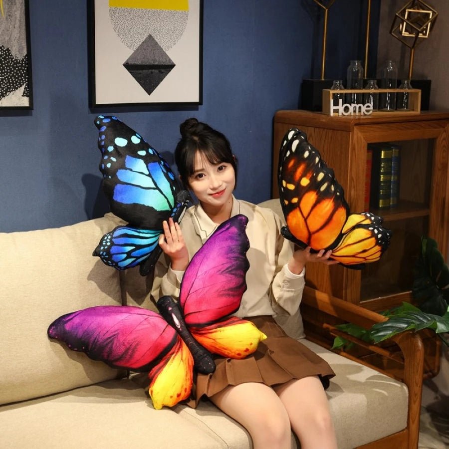 Colorful 3D butterfly throw pillow on a sofa as a decorative home accent cushion