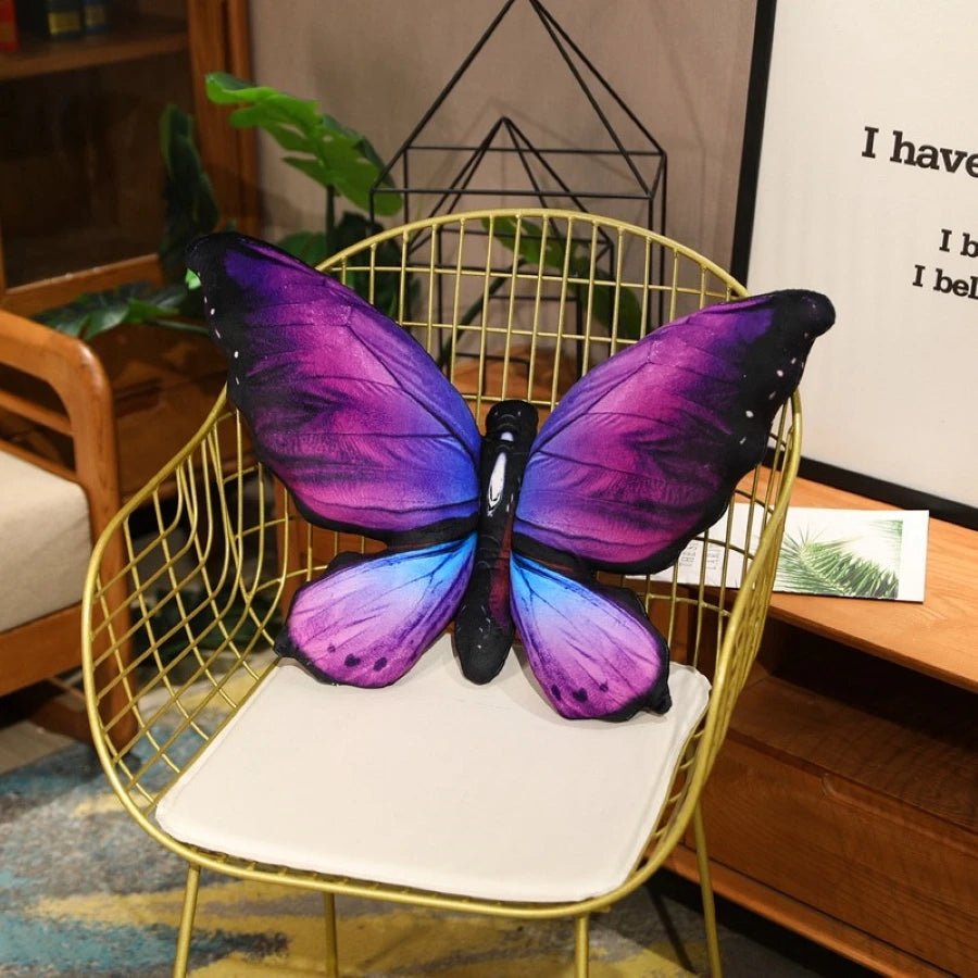 Colorful 3D butterfly throw pillow on a sofa as a decorative home accent cushion