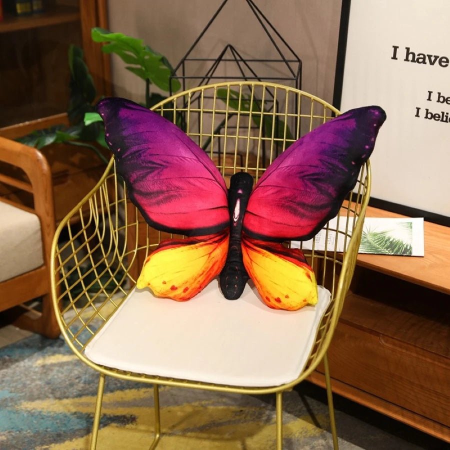 Colorful 3D butterfly throw pillow on a sofa as a decorative home accent cushion