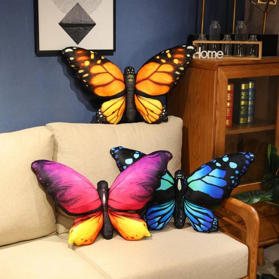 Colorful 3D butterfly throw pillow on a sofa as a decorative home accent cushion