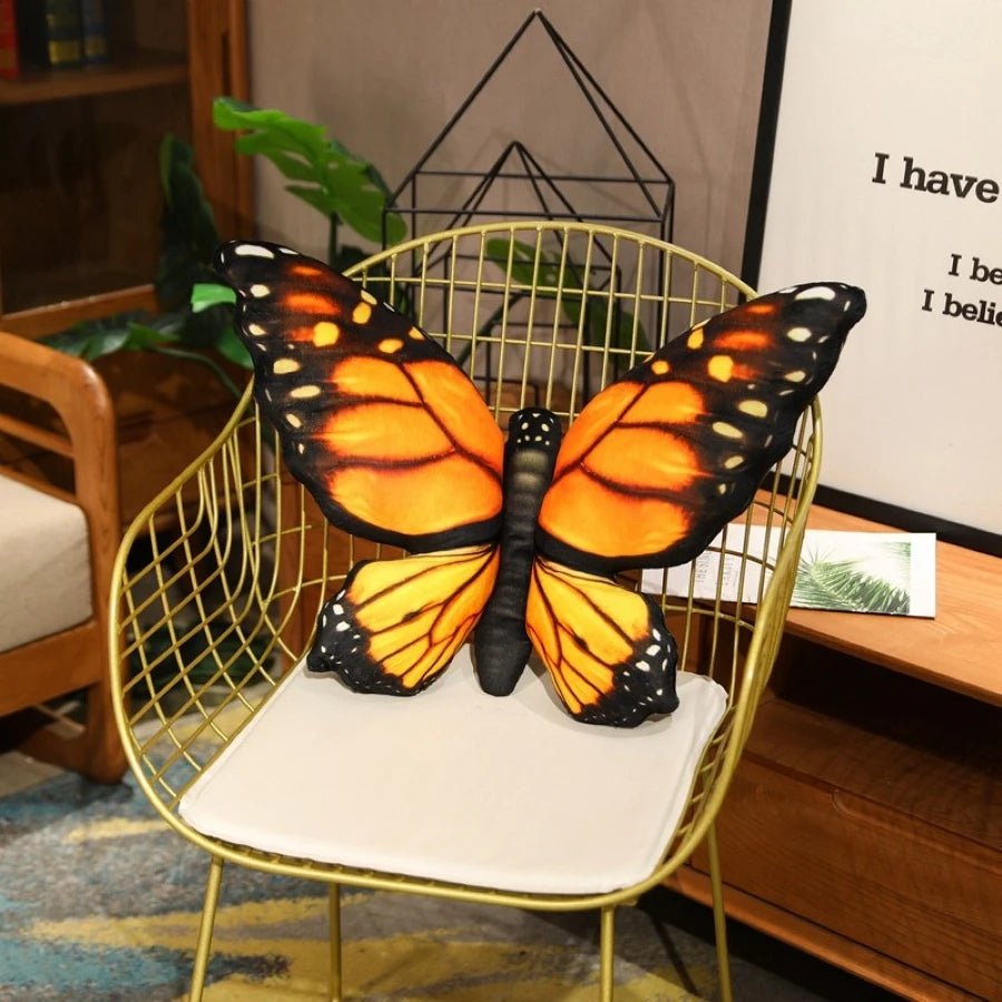 Colorful 3D butterfly throw pillow on a sofa as a decorative home accent cushion