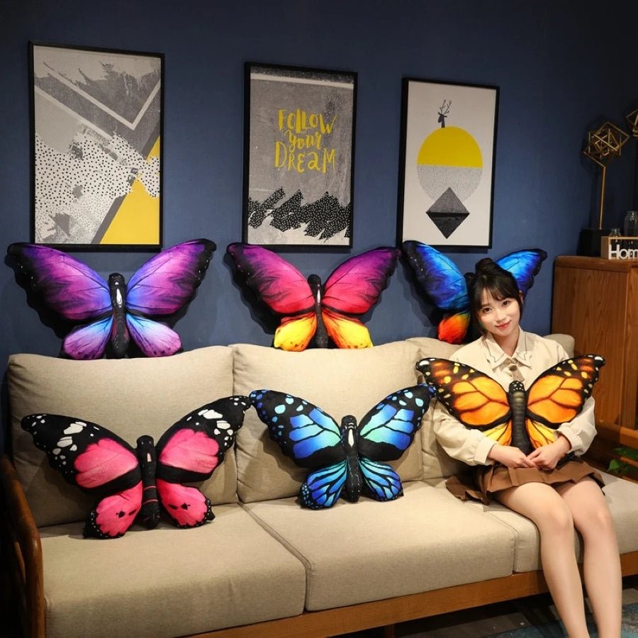 Colorful 3D butterfly throw pillow on a sofa as a decorative home accent cushion