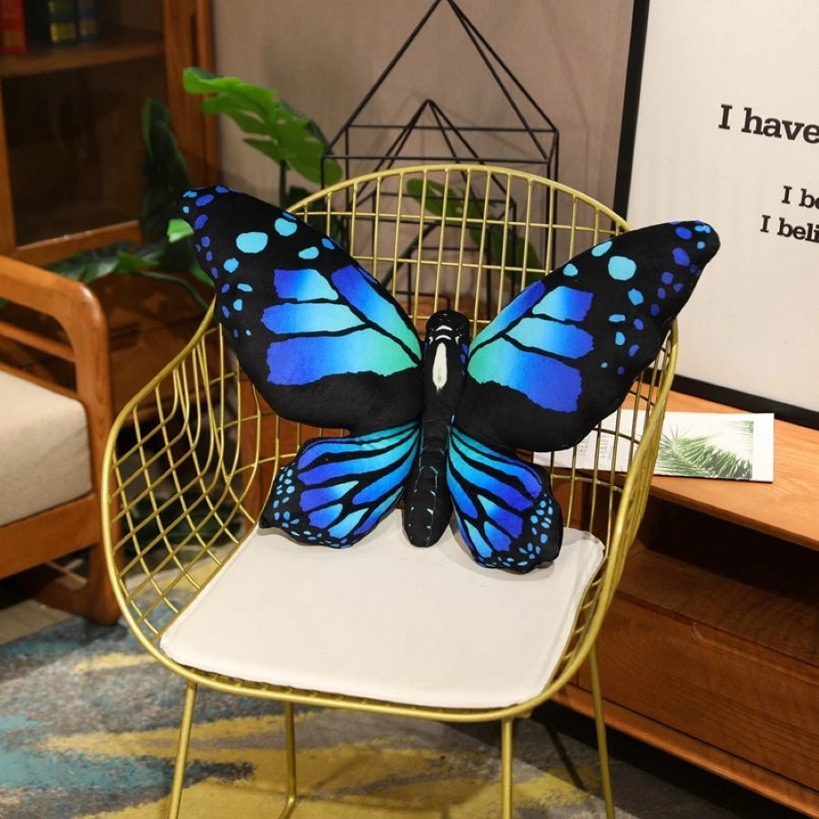 Colorful 3D butterfly throw pillow on a sofa as a decorative home accent cushion