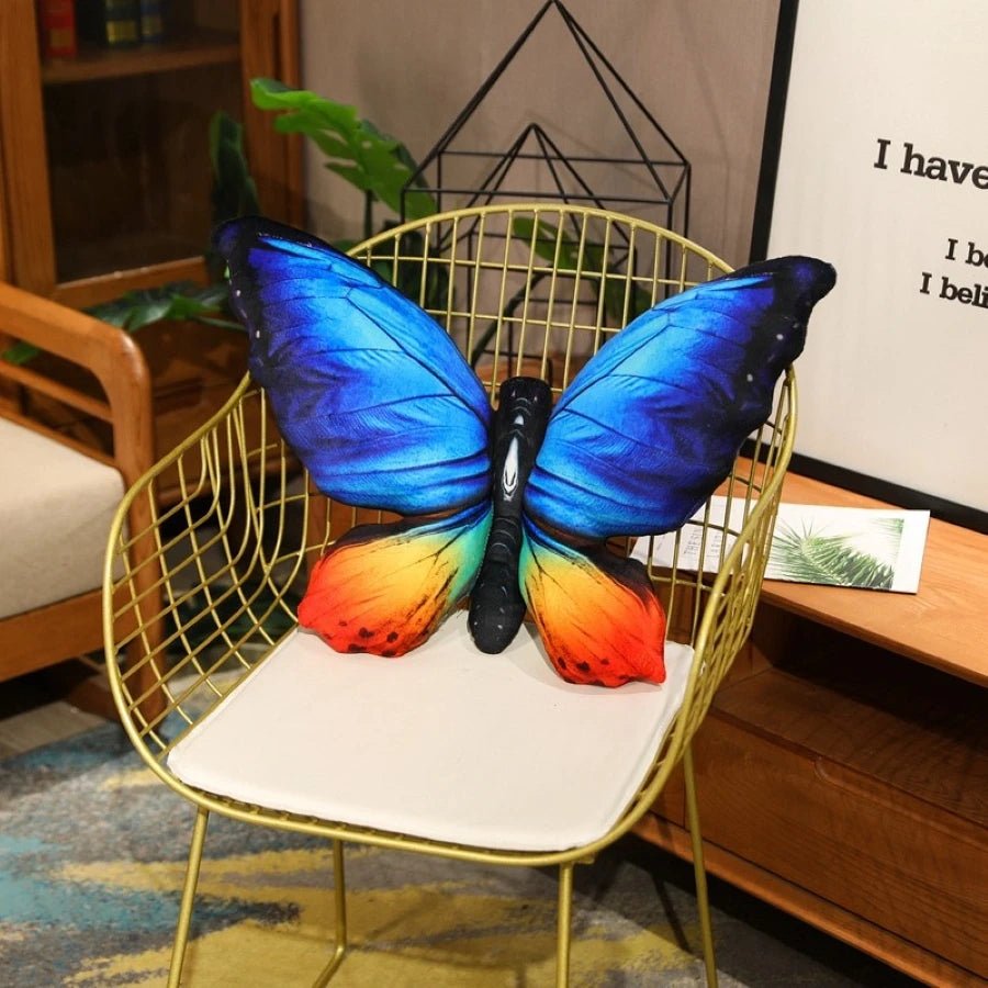 Colorful 3D butterfly throw pillow on a sofa as a decorative home accent cushion