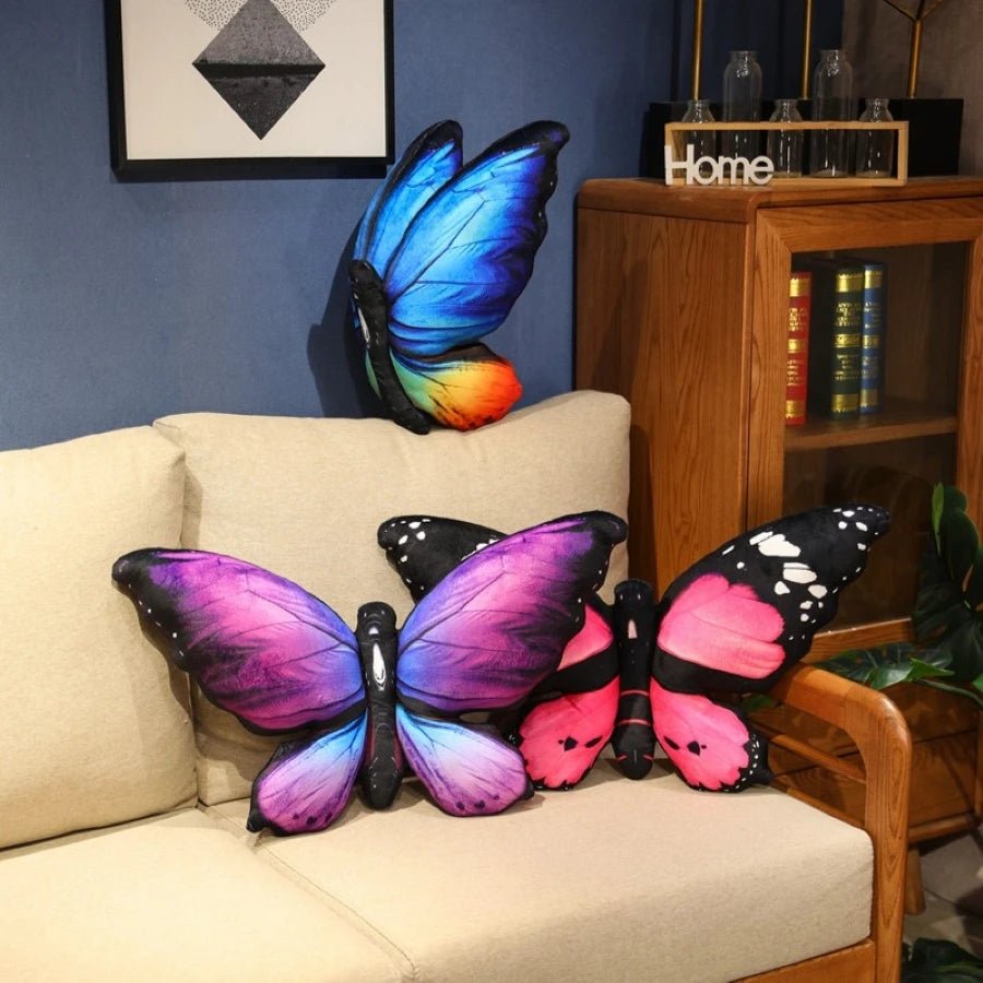 Colorful 3D butterfly throw pillow on a sofa as a decorative home accent cushion