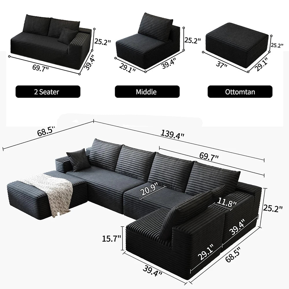 Corduroy Modular Cloud Sectional Sofa with Plush Cushions - Velvet Haven