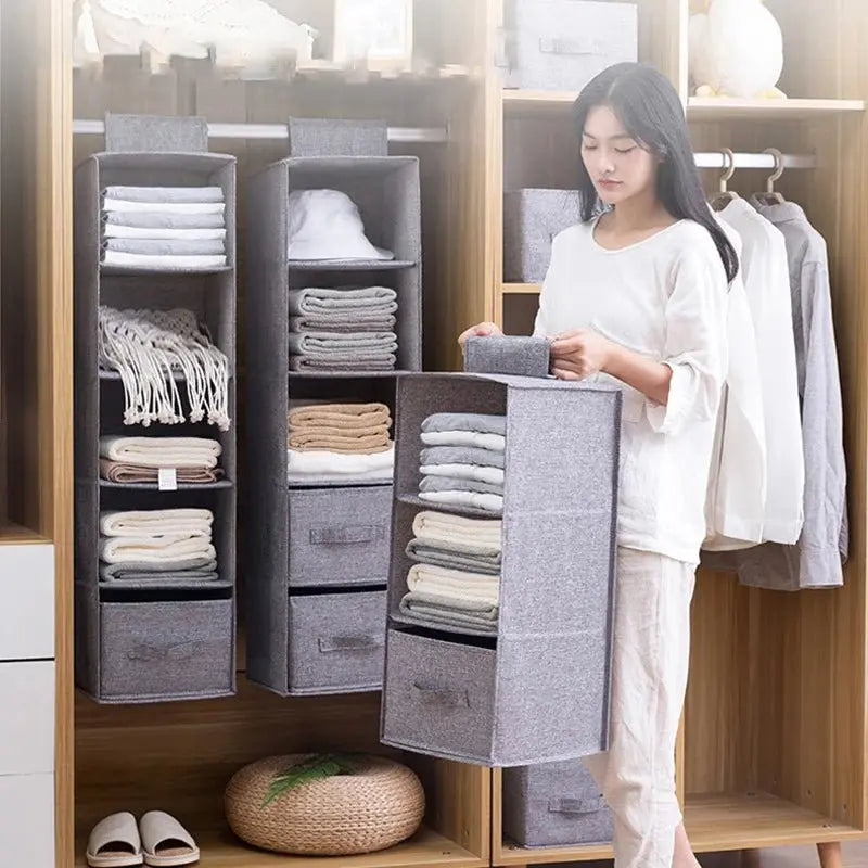 Cotton Linen Hanging Storage Bag Drawer Style Wardrobe Organizer Box Clothes Organizer Holder Collapsible Hanging Storage Shelve - Velvet Haven