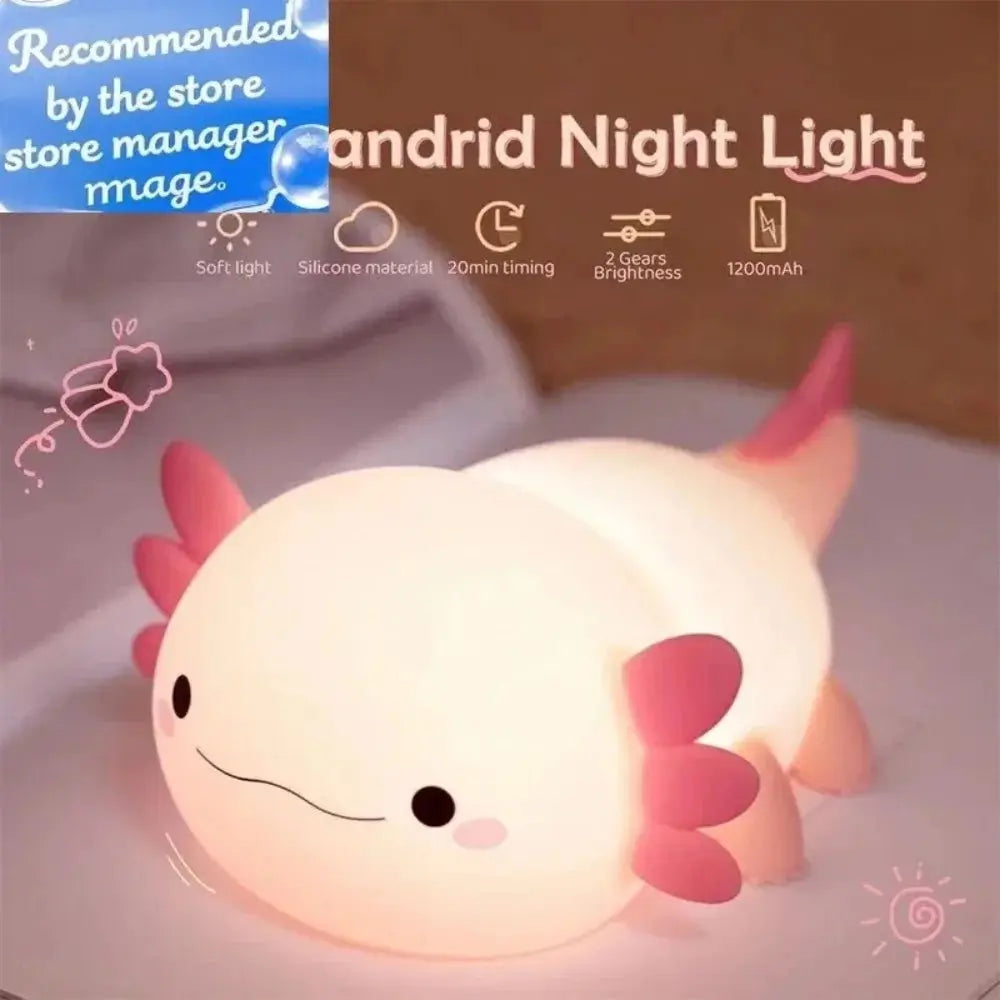 Cute Axolotl Night Light for Kids Room, Silicone Touch Control Bedside Lamp, USB Rechargeable Nursery Sleeping Light for Baby Toddler, Children's Gift - Velvet Haven