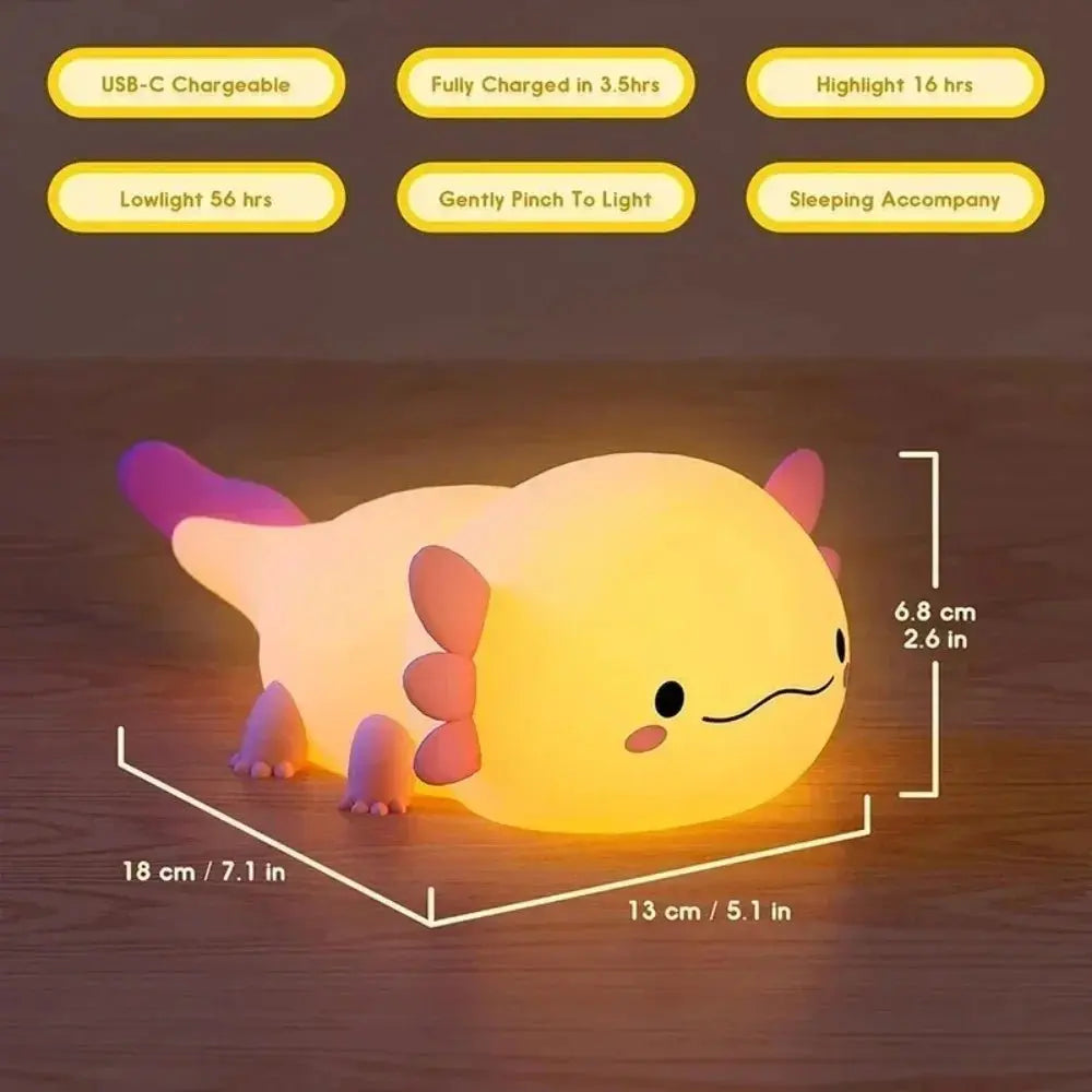 Cute Axolotl Night Light for Kids Room, Silicone Touch Control Bedside Lamp, USB Rechargeable Nursery Sleeping Light for Baby Toddler, Children's Gift - Velvet Haven
