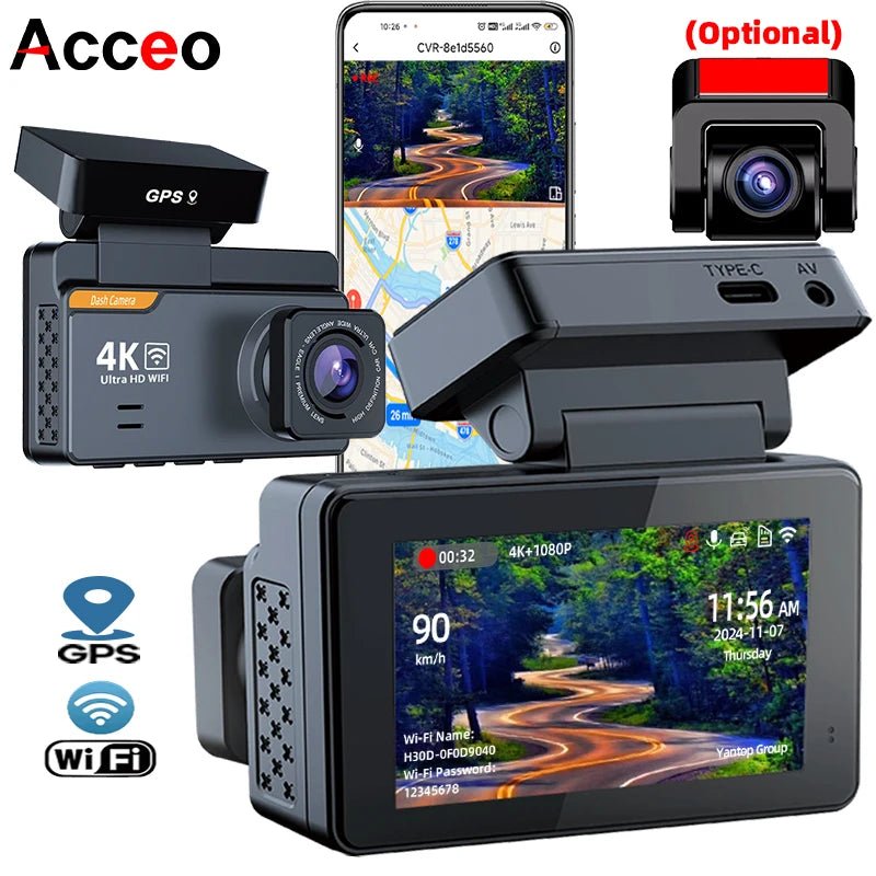 DashCam 4K Mini Car Dvr Video Recorder With GPS WIFI Support Dual Lens 1080P RearView Camera Night Vision Black Box 24h Parking - Velvet Haven