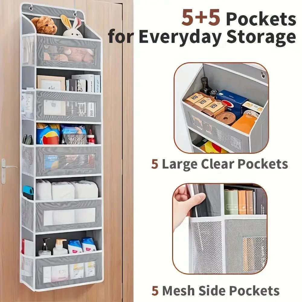 Door Hanging Storage Rack - 5+5 Pockets for Everyday Storage with 5 Large Clear & Mesh Side Pockets Over-The-Door Multi-Pocket Organizer Hangable Black Large Capacity Anti-Tilt Design Heavy-Duty - Velvet Haven
