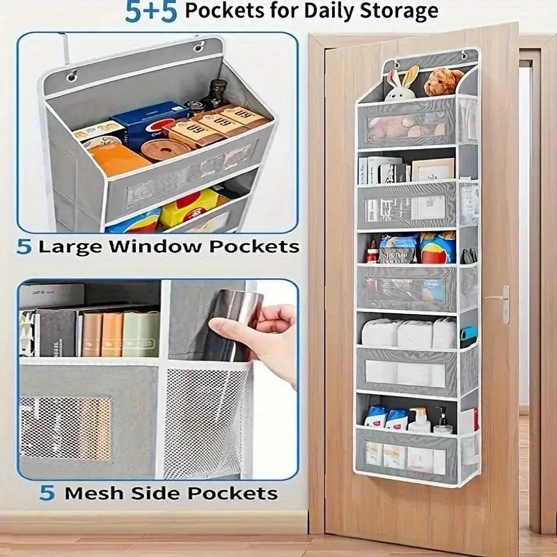Door Hanging Storage Rack - 5+5 Pockets for Everyday Storage with 5 Large Clear & Mesh Side Pockets Over-The-Door Multi-Pocket Organizer Hangable Black Large Capacity Anti-Tilt Design Heavy-Duty - Velvet Haven